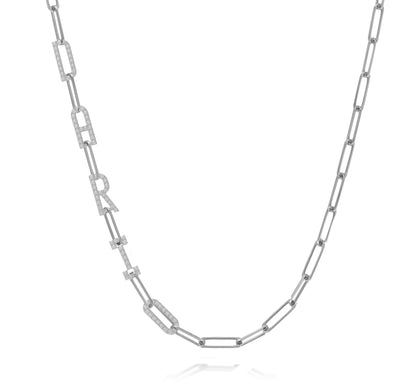 Paper clip chain necklace with pave letters
