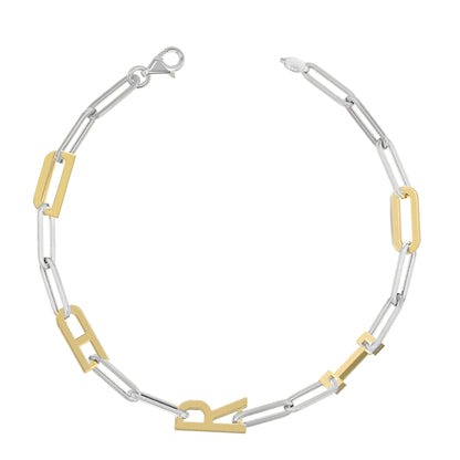 Silver and Gold Paper clip chain Bracelet with gold letters