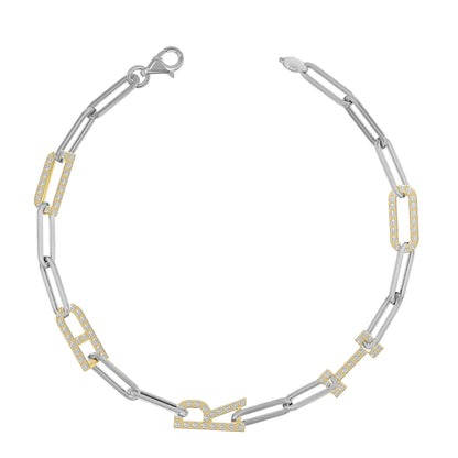 Silver and Gold Paper clip chain Bracelet with pave letters