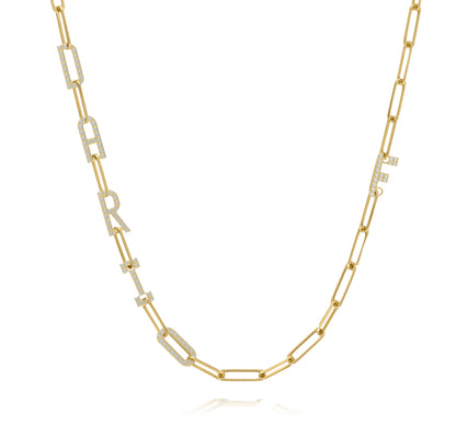 Paper clip chain necklace with pave letters