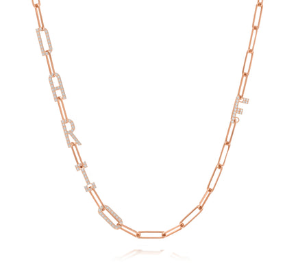 Paper clip chain necklace with pave letters
