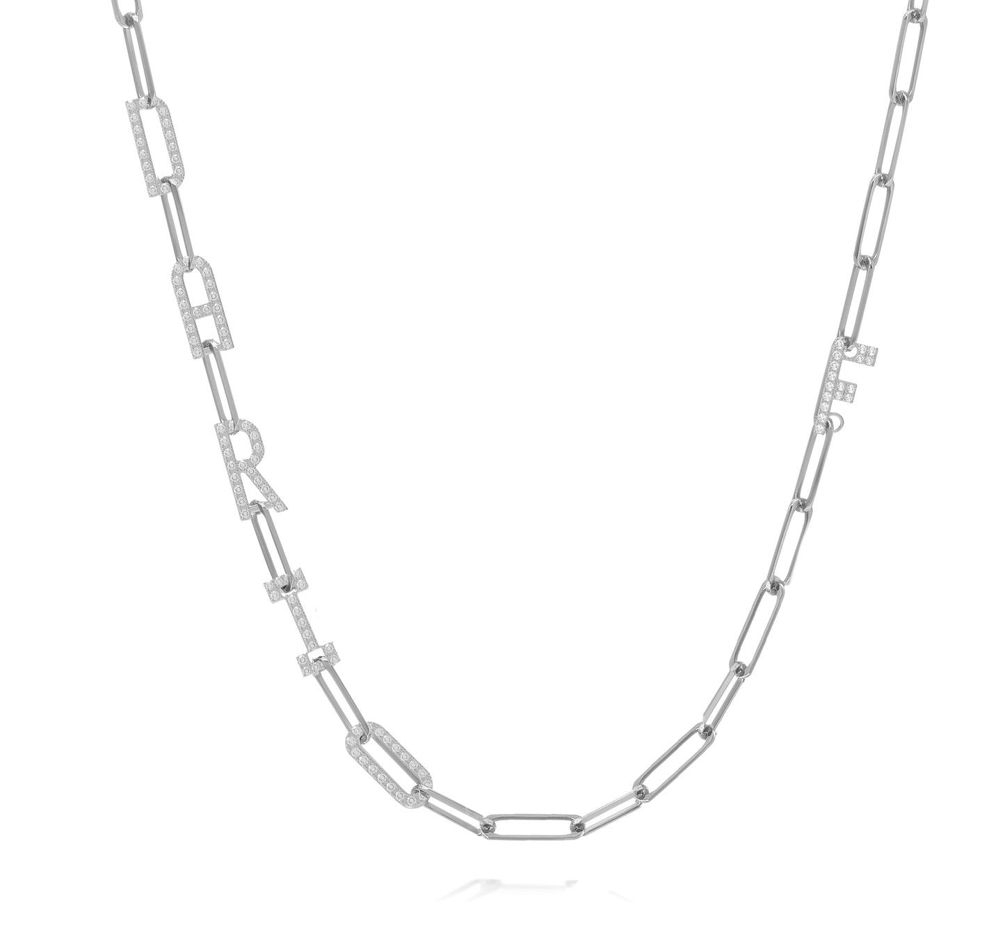 Paper clip chain necklace with pave letters