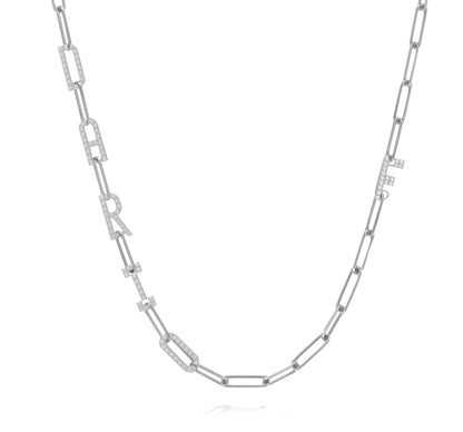 Paper clip chain necklace with pave letters