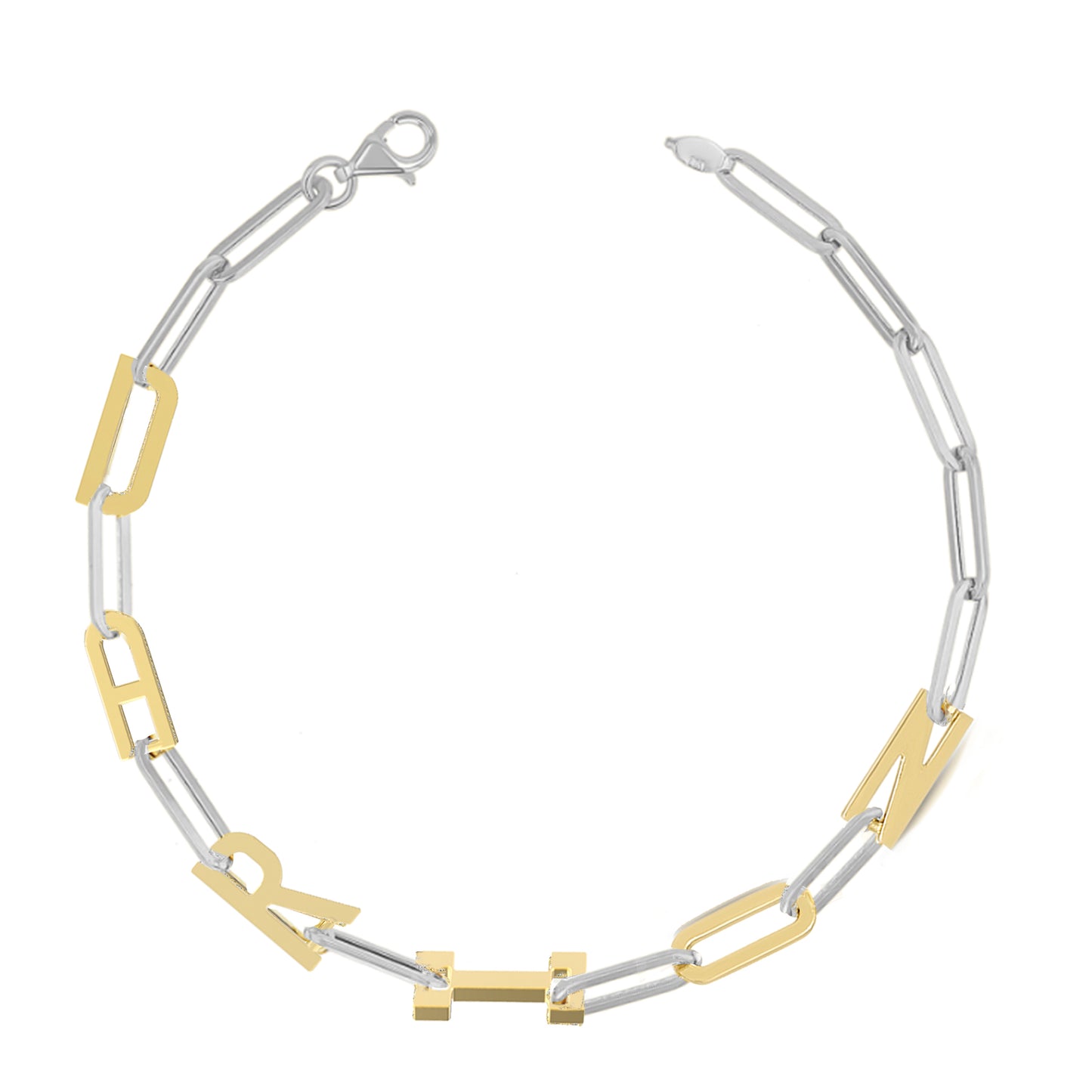 Silver and Gold Paper clip chain Bracelet with gold letters