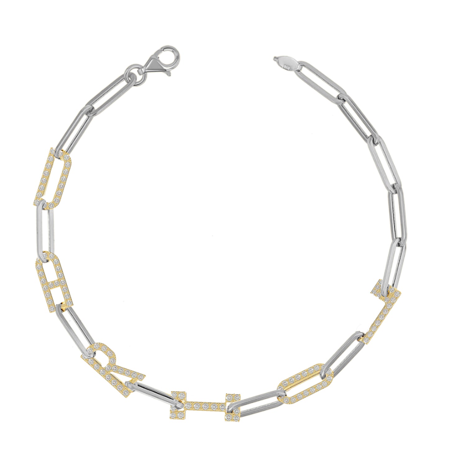 Silver and Gold Paper clip chain Bracelet with pave letters