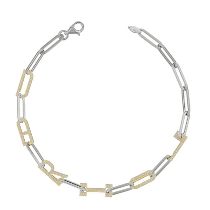 Silver and Gold Paper clip chain Bracelet with pave letters