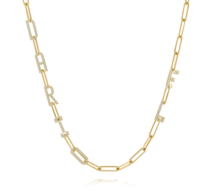 Paper clip chain necklace with pave letters