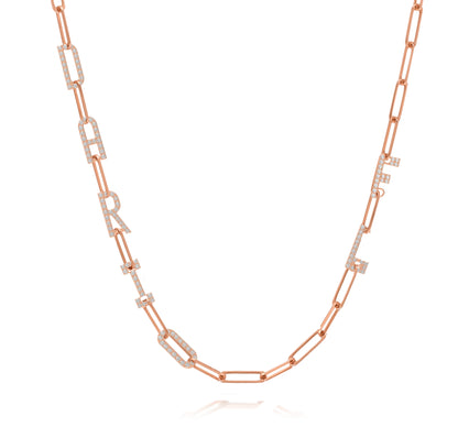 Paper clip chain necklace with pave letters