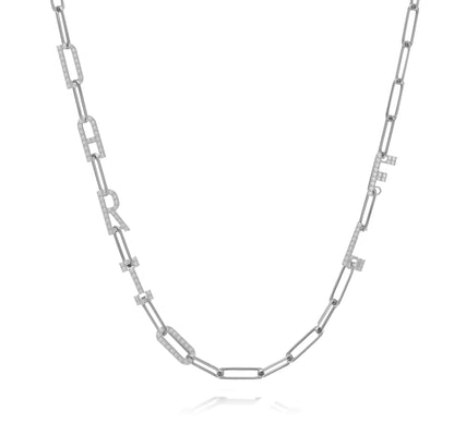 Paper clip chain necklace with pave letters