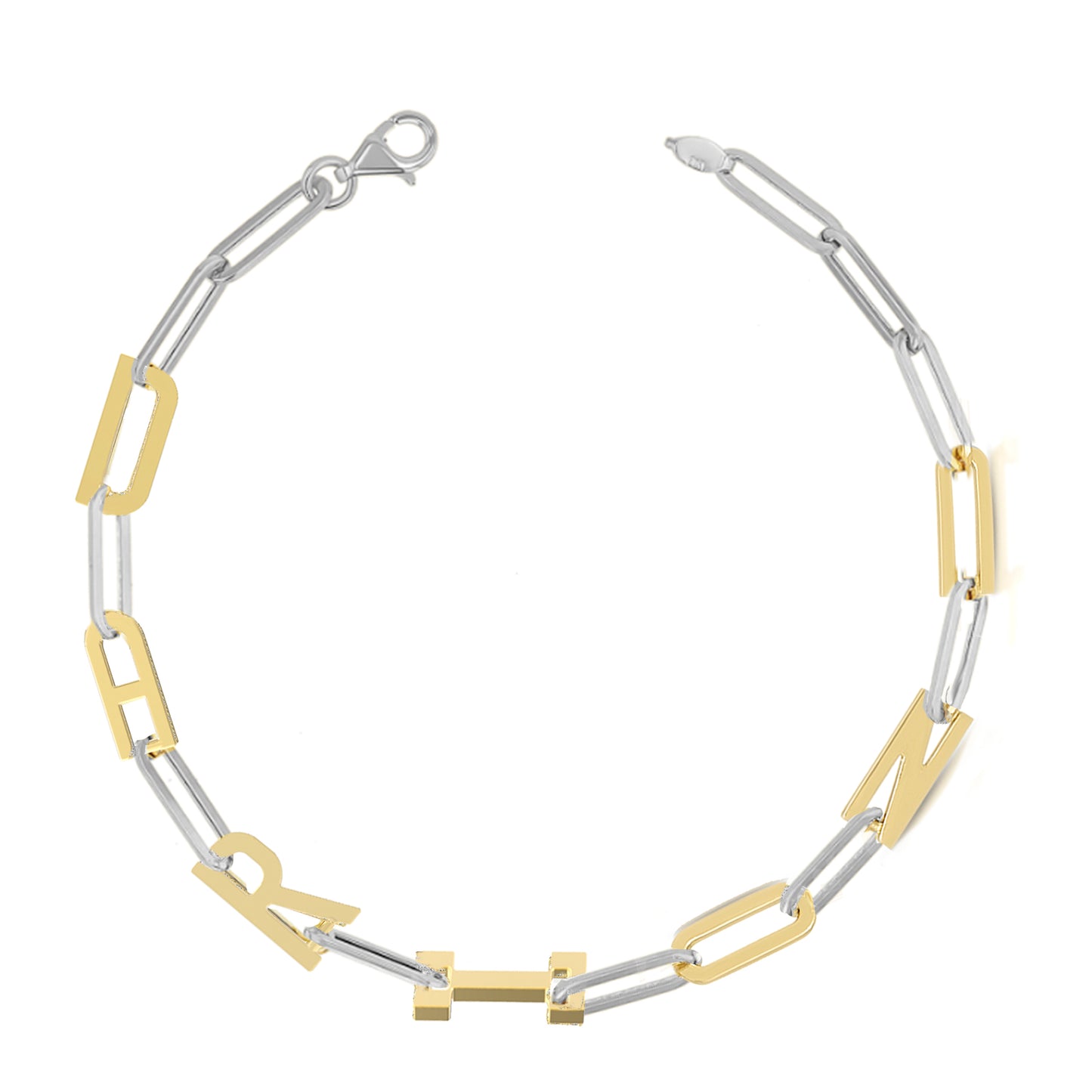 Silver and Gold Paper clip chain Bracelet with gold letters