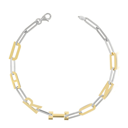 Silver and Gold Paper clip chain Bracelet with gold letters