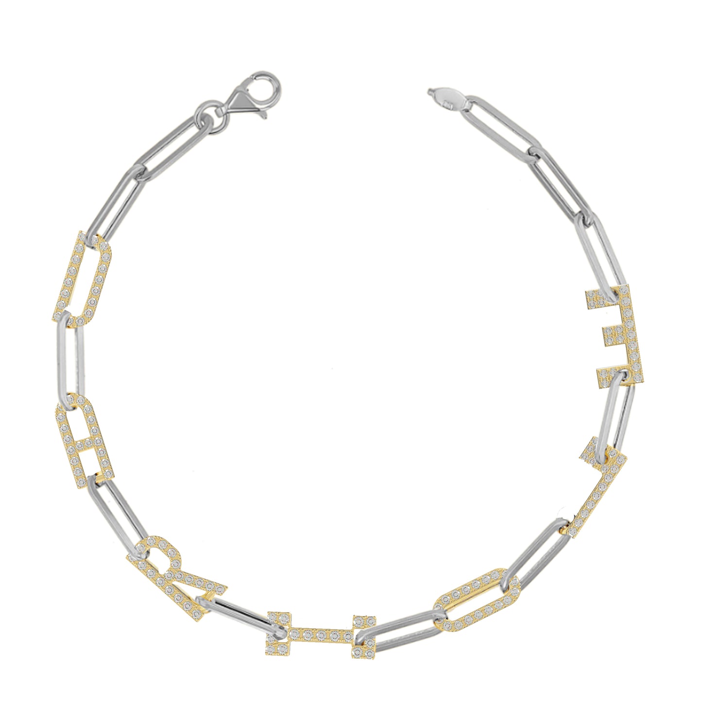 Silver and Gold Paper clip chain Bracelet with pave letters