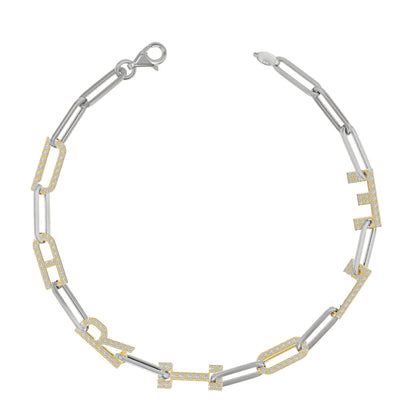 Silver and Gold Paper clip chain Bracelet with pave letters