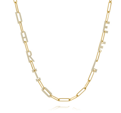 Paper clip chain necklace with pave letters