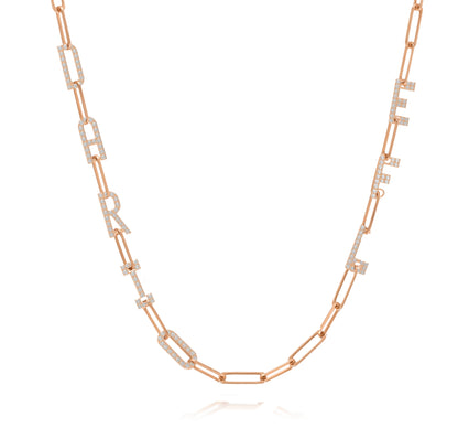 Paper clip chain necklace with pave letters