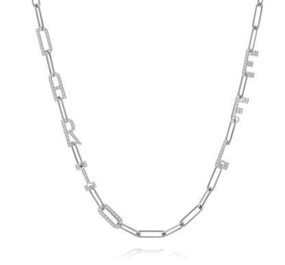 Paper clip chain necklace with pave letters