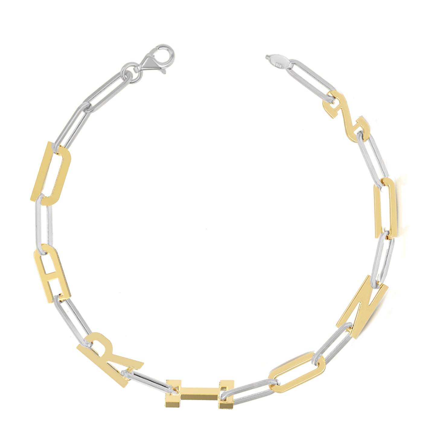 Silver and Gold Paper clip chain Bracelet with gold letters