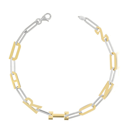 Silver and Gold Paper clip chain Bracelet with gold letters
