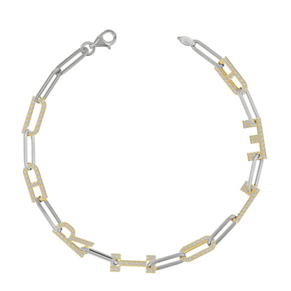 Silver and Gold Paper clip chain Bracelet with pave letters