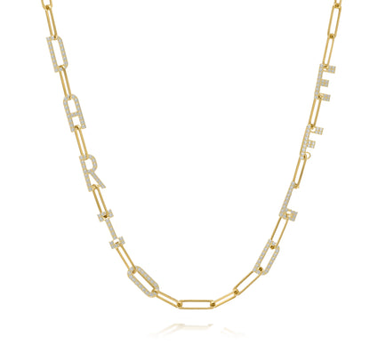 Paper clip chain necklace with pave letters