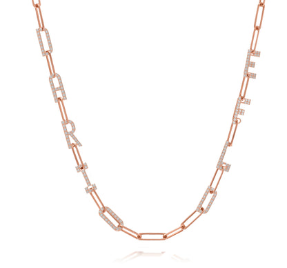 Paper clip chain necklace with pave letters