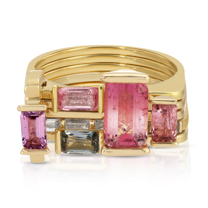 One of a kind, LNQD Stacking Ring – Watermelon Tourmaline & Pink sapphire with baguette diamonds