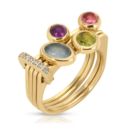 One of a kind, LNQD Stacking Ring – Blue Topaz, Amethyst, Garnet & Pink Tourmaline in 14k Gold