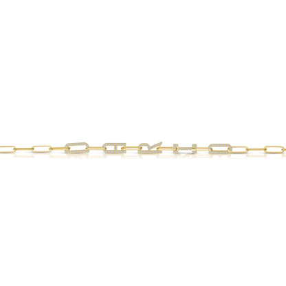 Paper clip chain necklace with pave letters