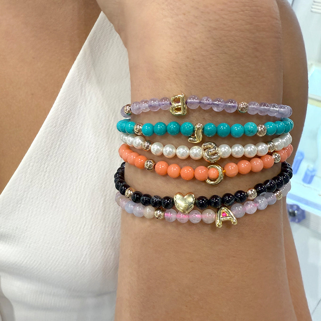 Solid Gold Bubble Letter Gemstone Beaded Bracelet