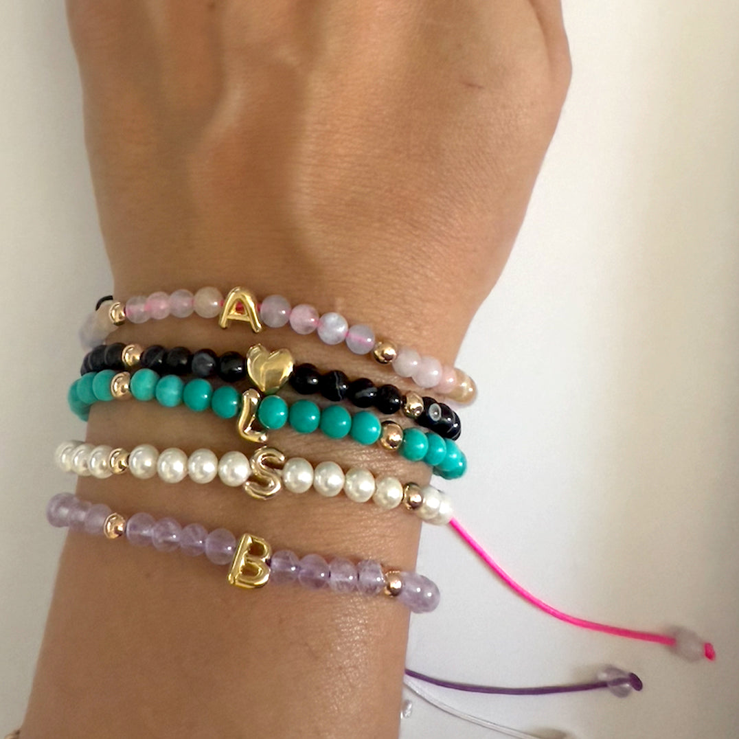 Solid Gold Bubble Letter Gemstone Pearl Bracelet