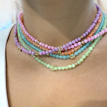 Solid Gold Bubble Letter Gemstone Beaded Necklace