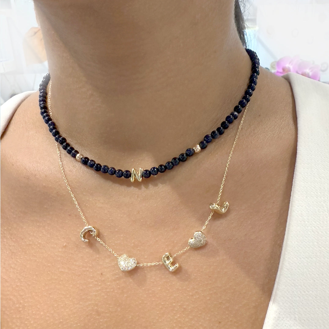 Solid Gold Bubble Letter Gemstone Beaded Necklace