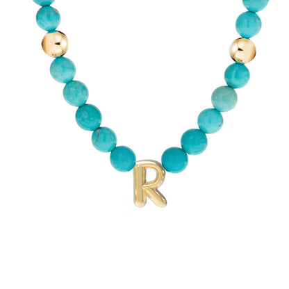 Solid Gold Bubble Letter Gemstone Beaded Necklace