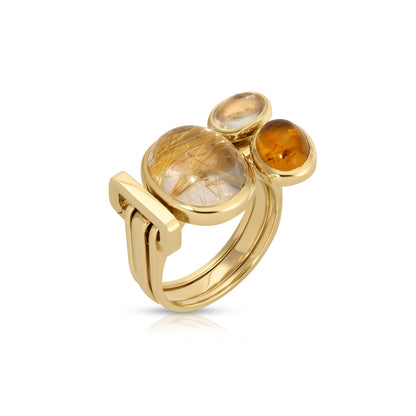 One of a kind, LNQD Stacking Ring; Rutilated Quartz, Amber Moon stone