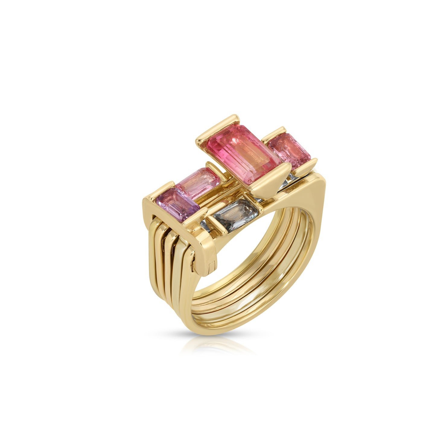 One of a kind, LNQD Stacking Ring – Watermelon Tourmaline & Pink sapphire with baguette diamonds
