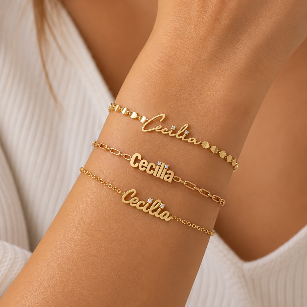 Tiny Treasures English Gold Name Bracelet. Noush Exclusive
