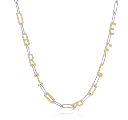 Silver and Gold Paper clip chain necklace with  Pave letters