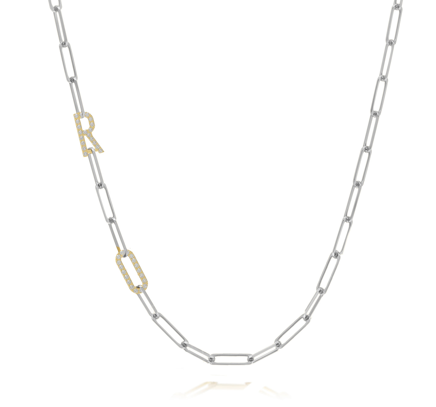 Silver and Gold Paper clip chain necklace with  Pave letters