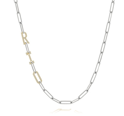 Silver and Gold Paper clip chain necklace with  Pave letters