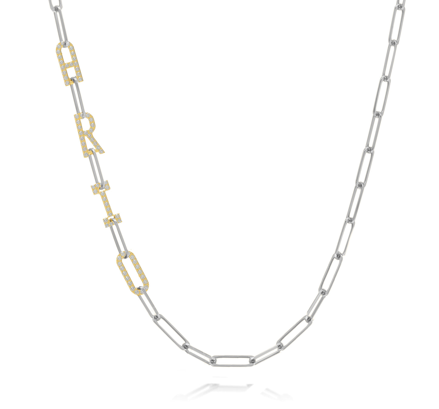 Silver and Gold Paper clip chain necklace with  Pave letters