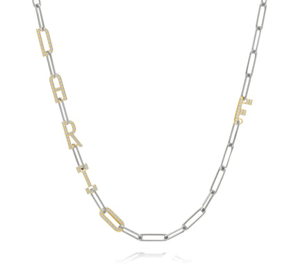 Silver and Gold Paper clip chain necklace with  Pave letters
