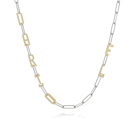 Silver and Gold Paper clip chain necklace with  Pave letters