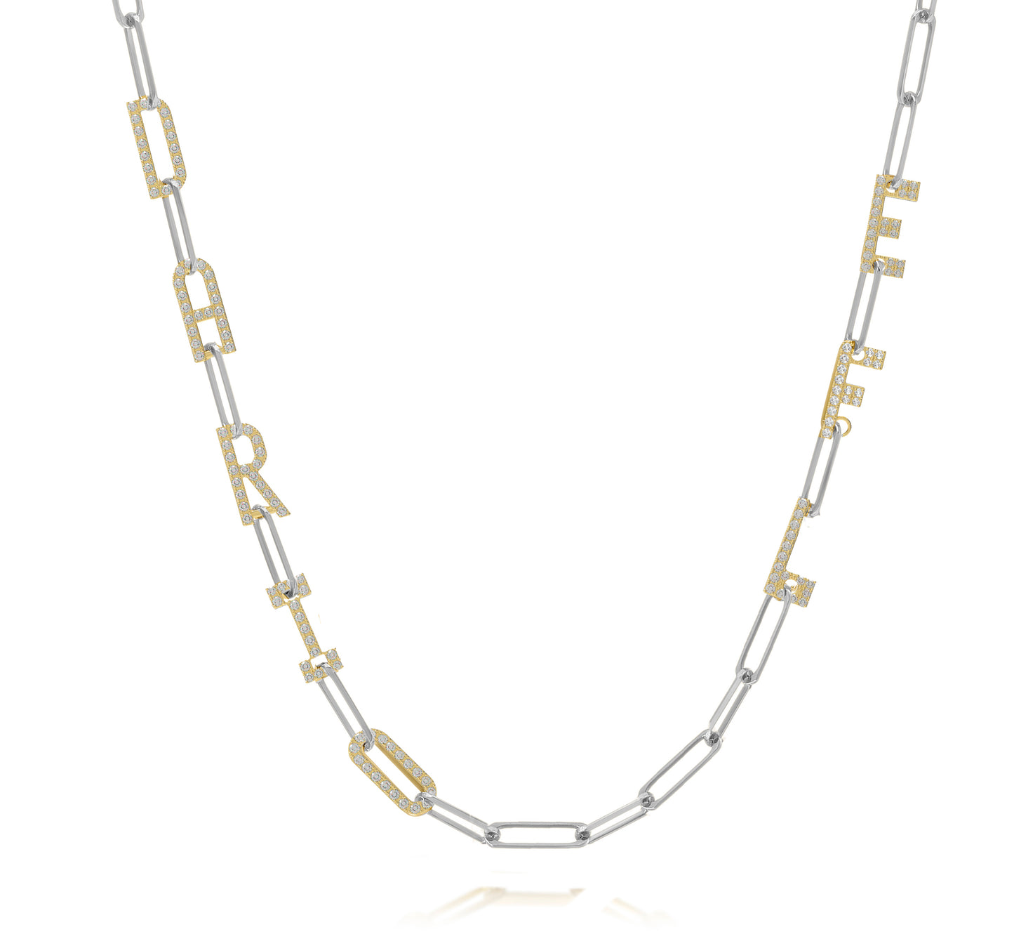 Silver and Gold Paper clip chain necklace with  Pave letters