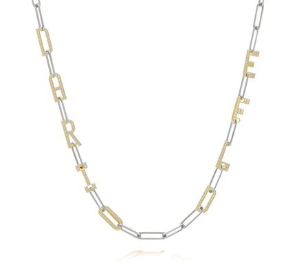 Silver and Gold Paper clip chain necklace with  Pave letters