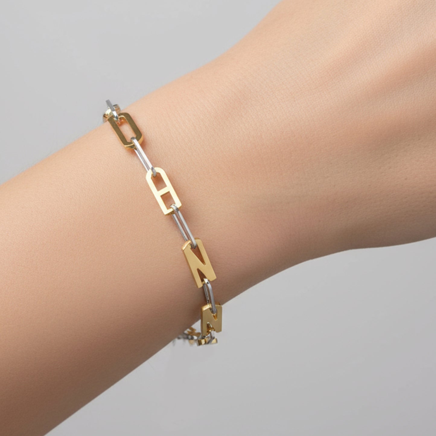 Silver and Gold Paper clip chain Bracelet with gold letters