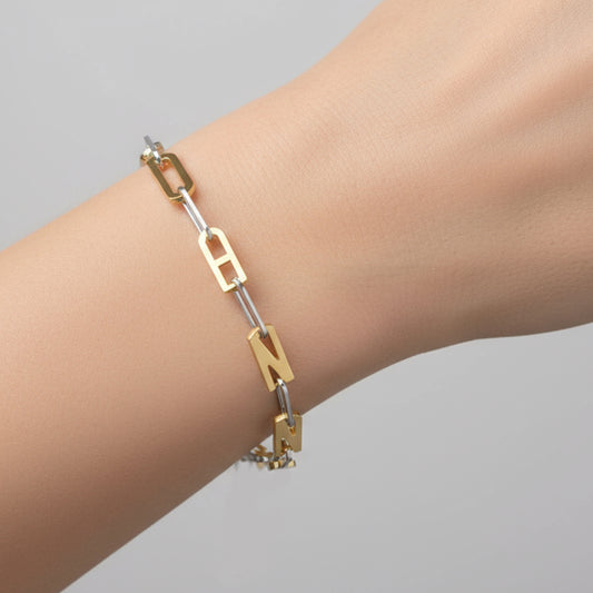 Silver and Gold Paper clip chain Bracelet with gold letters