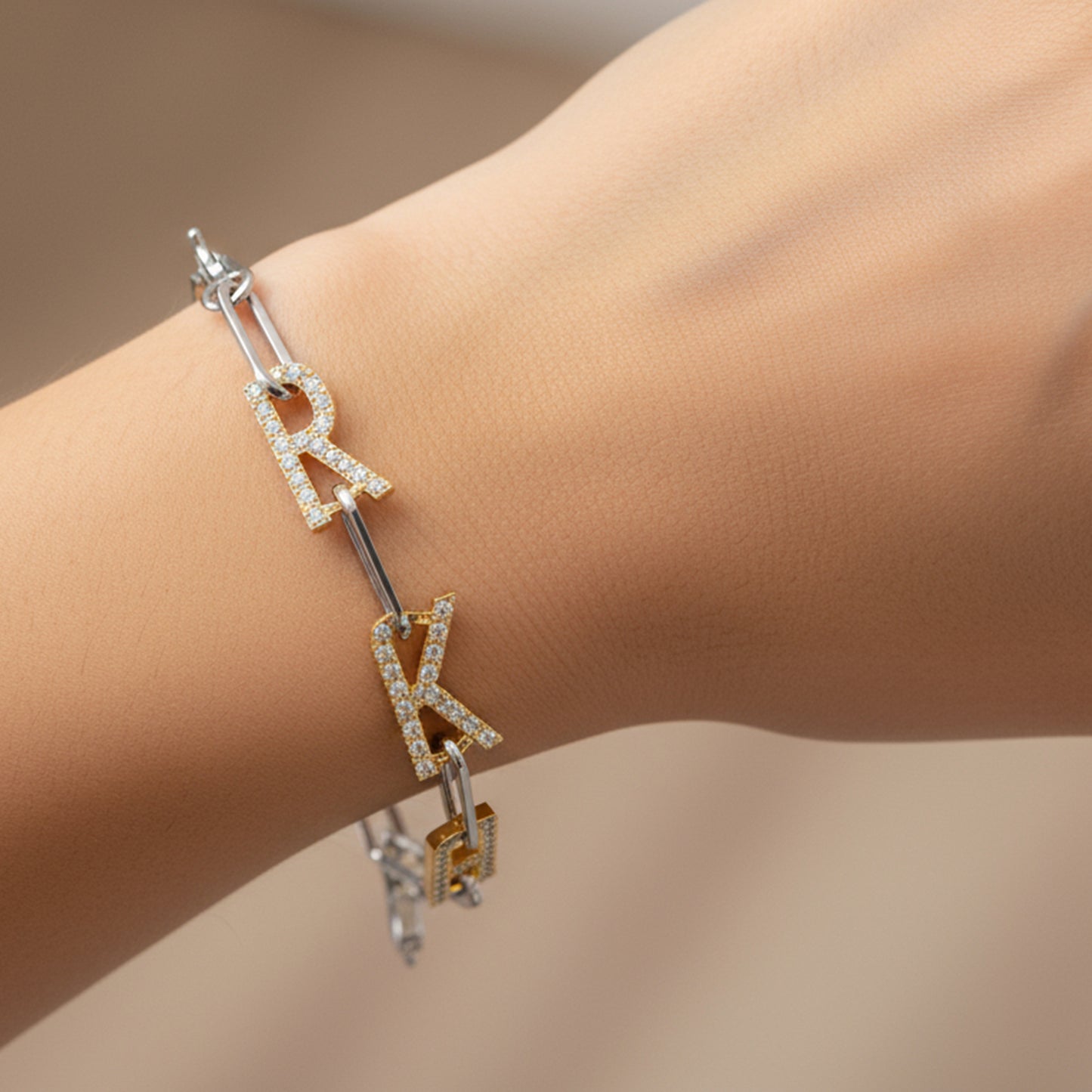 Silver and Gold Paper clip chain Bracelet with pave letters