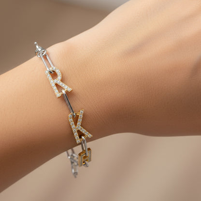 Silver and Gold Paper clip chain Bracelet with pave letters