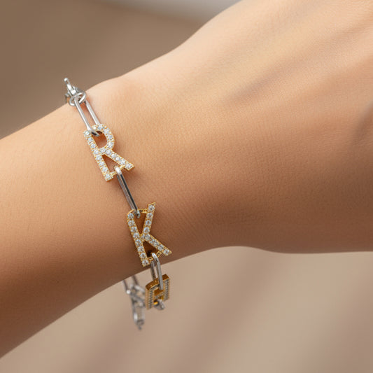 Silver and Gold Paper clip chain Bracelet with pave letters