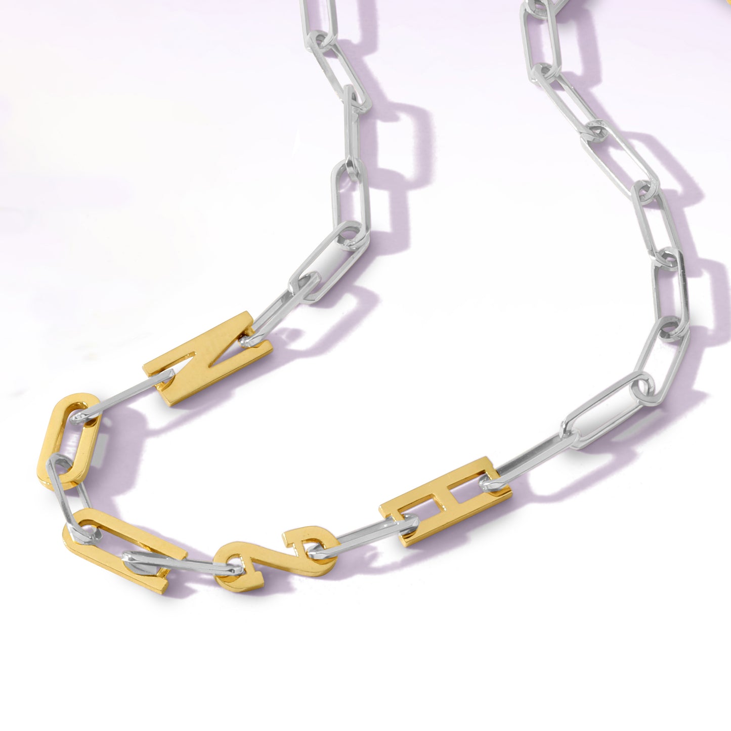 Silver and Gold Paper clip chain Bracelet with gold letters